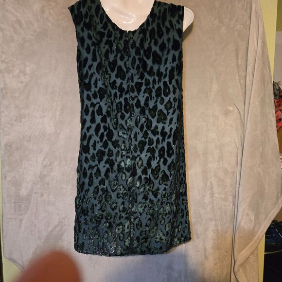 Emporio Armani XS Whimsy Goth‎ Velvet Dark green Leopard Sleeveless Shift Dress - Picture 11 of 12